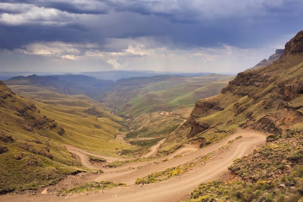 Endless hairpin turns on the dirt road leading towards the Sani Pass on the border of South Africa and Lesotho.